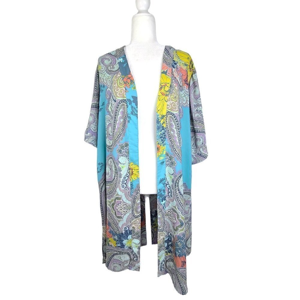 Catherines Boho Turquoise Paisley Floral Maxi Kimono Cardigan Cover Up